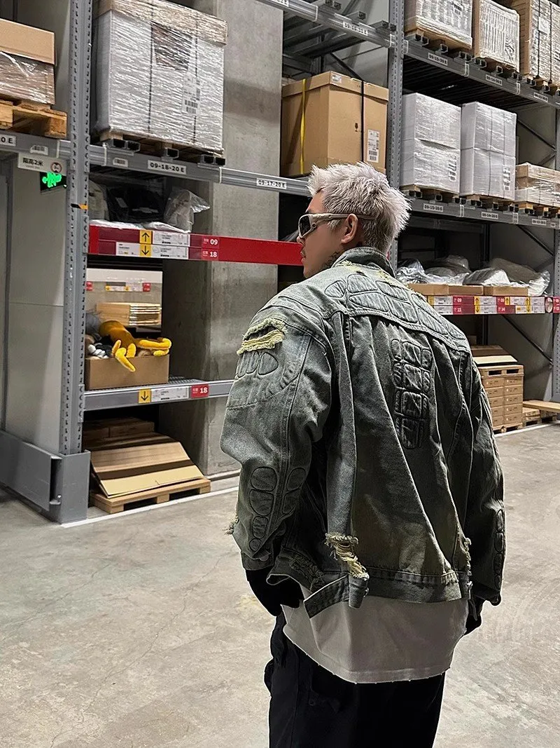 DHgate.com:Mens 2024 Retro Destroyed Denim Jacket