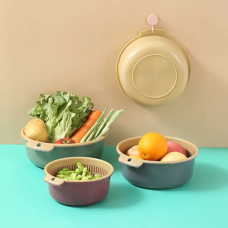 2024 Detachable Double-layer Plastic Food Strainer Hollow Fruit Vegetable Wash Colander Kitchen Cleaning Washing Basket Strainer