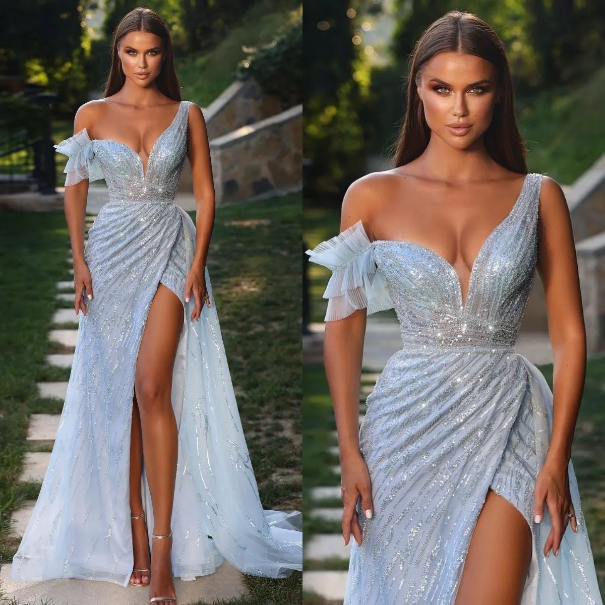 Fabulous Sky Blue Evening V Neck Sequins Beads Formal Party Prom Dress Pleats Thigh Split Dresses For Special Ocn