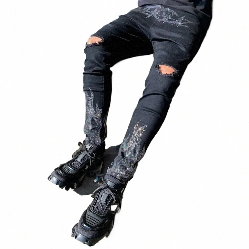 men Luxury Black Stretch Skinny Ripped Jeans Hot Drilling High Quality Designer HIP HOP Trousers Street Denim Pencil Pants Y2k g24J#