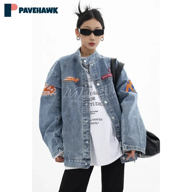 Embroidered Denim Jacket: Retro Hip Hop Varsity Coat for Men