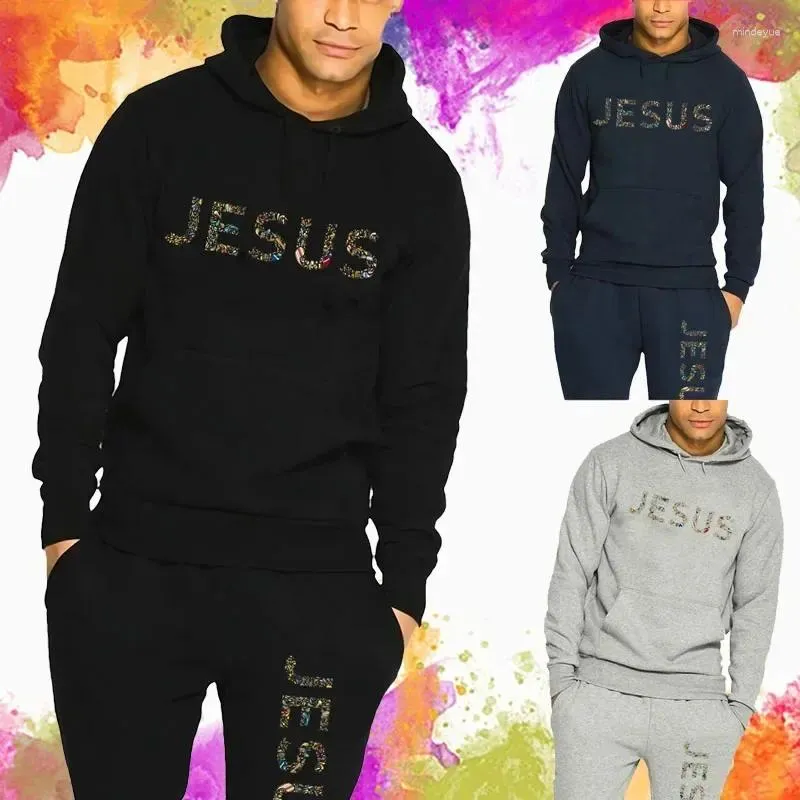 Herrspårsport Sportdräkt färgglada Jesus bokstäver tryck hooded hoodie jogging byxor avslappnade långa byxor set design man streetwear