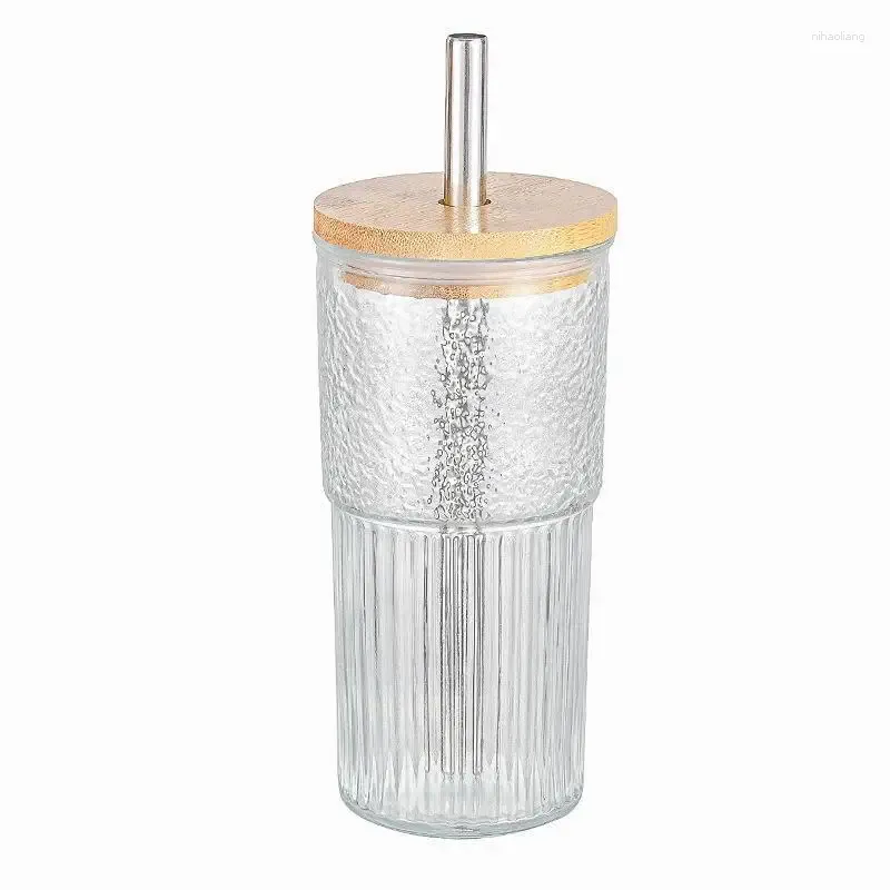 Verres à vin motif vertical café lait tasse perle thé verre couvercle en bois 20oz bière tasse tasses paille latte Drinkware cuisine salle à manger