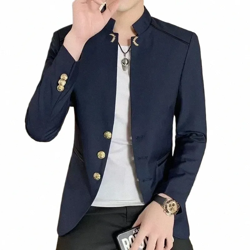 2024 Spring New Men's Stand Collar Casual Suit Jackets Youth Fi Solid Color Stitching Three Butt Mens Blazer Coats S33G#
