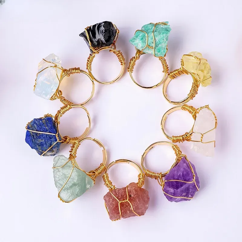 Natural crystal irregular rough stone ring amethyst Pink crystal green fluorite hand wound ring for women