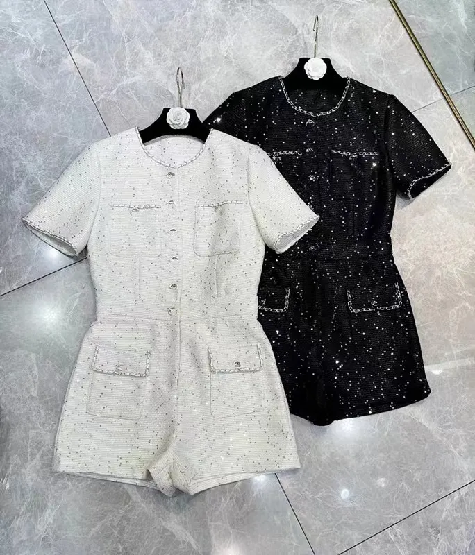 2024 Spring Black/White Short Sleeves O Neck Sequins Women Dress Designer High End Womens Runway Dress Vestidos De Festa 3274