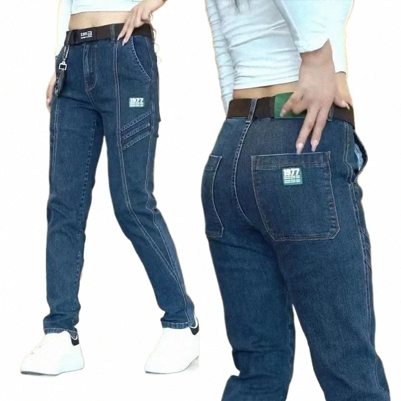 2024 New Style Men Clothing Men's Fi Blue Patchwork Elastic Slim Jeans Mid-Waist Cott Straight Leg Casual Denim Pants I9WF#