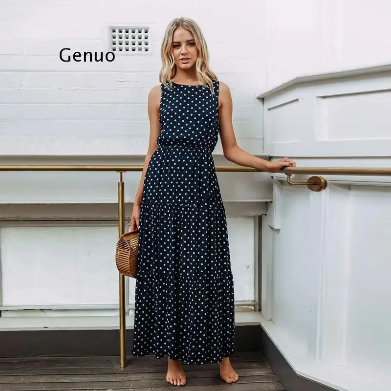 Kobiety Summer Boho Casualna sukienka bez rękawów odzież domowa Polkadot Party Beach Long Maxi Navy Sundress 240323