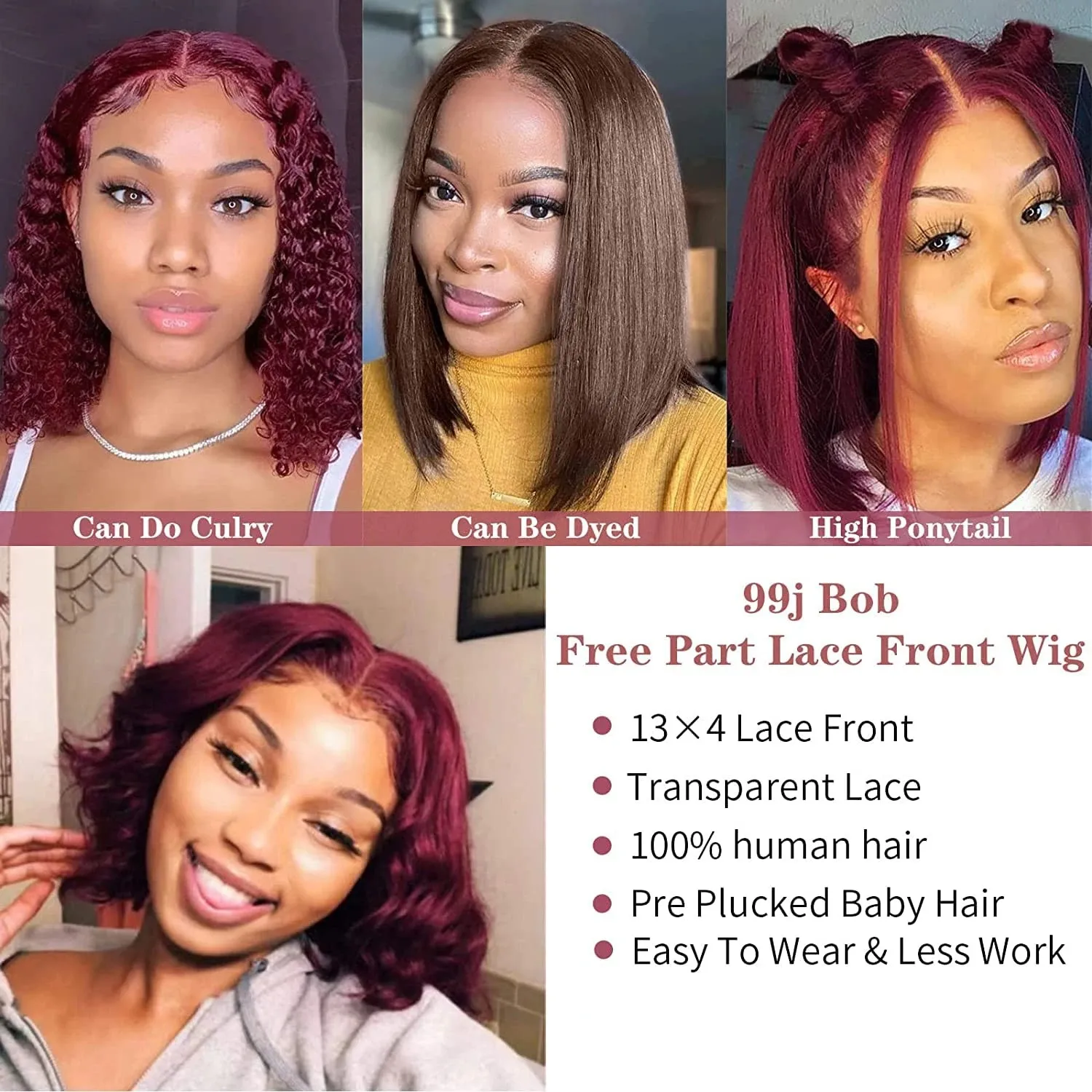 Perruque Bob Lace Front Wig naturelle bordeaux 99J, cheveux courts, 13x4 HD, naissance des cheveux naturelle pre-plucked