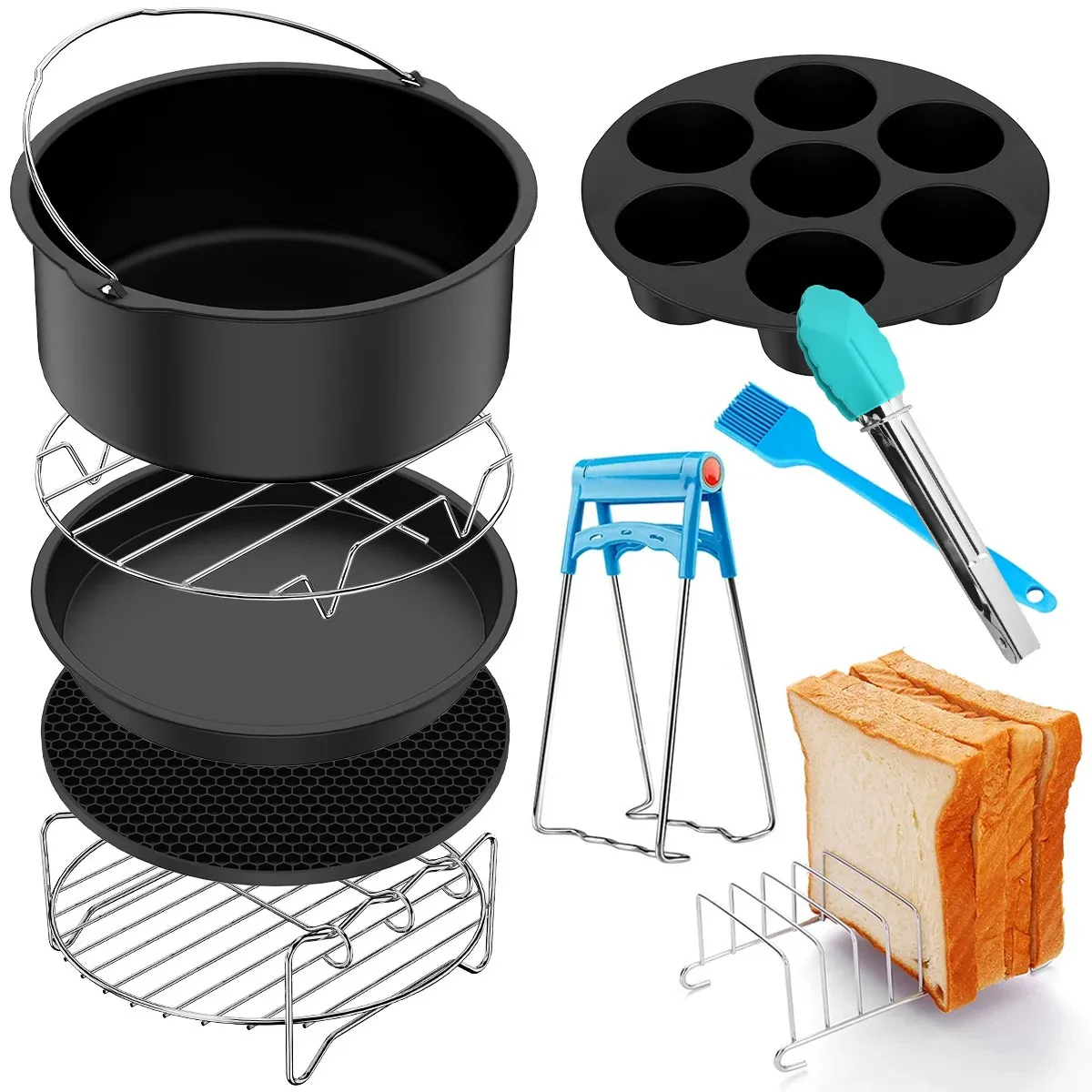 10Pcs 7 Inch Air Fryer Accessories Cake Basket Pizza Pan Stainless Steel Skewer Rack Oil Brush Suitable for 37 QT 240325