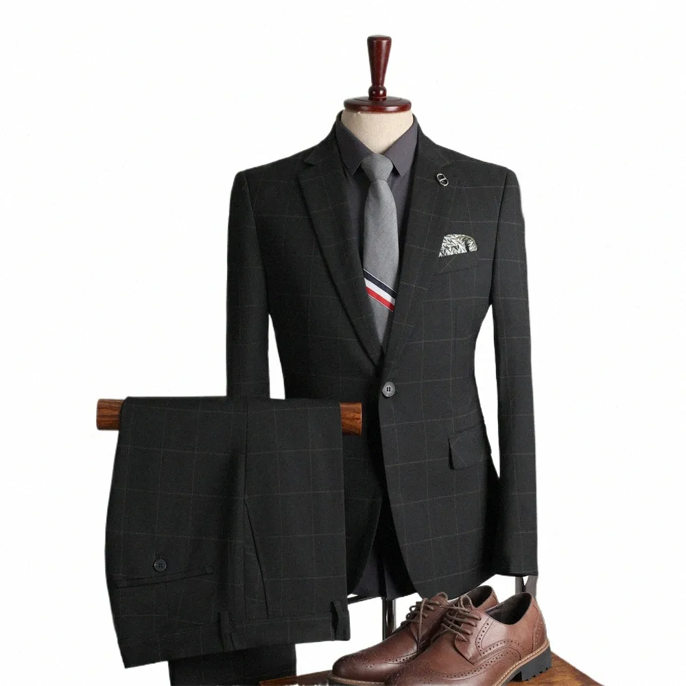 Svart pläddräkter för män elegant hack lapel en rumpa 2 bit busin casual bröllop smoking manlig kostym smal blazer med byxor p6ki#