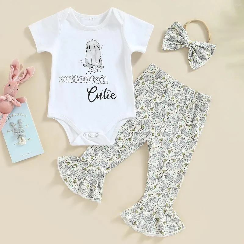 Set di abbigliamento Set di pantaloni per bambina Set di maniche corte con stampa di lettere, pagliaccetto con fascia svasata e fiocco