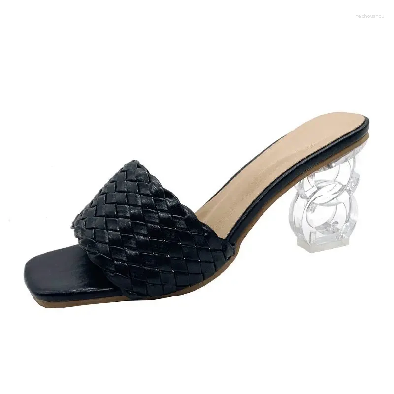 S Sandals شفافة منسوجة عالية الكعب السيدات Square Toe Summer Shoes Slippers Sandal Tranparent Heel Ladie Shoe Slipper