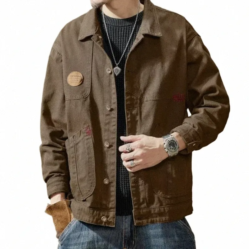 Men's Brown Denim Cargo Jacket Vintage Style Jean Coat, Elastic Waist,  Loose Fit, Fast Shipping Sizes L, G