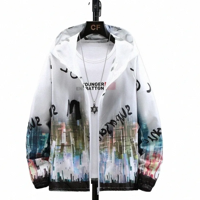 Summer Hud Coats Men Ultra Light UV Sun Protecti Big Size Hooded Windbreaker Jacket Men Printing Casual Outwear G5oz#