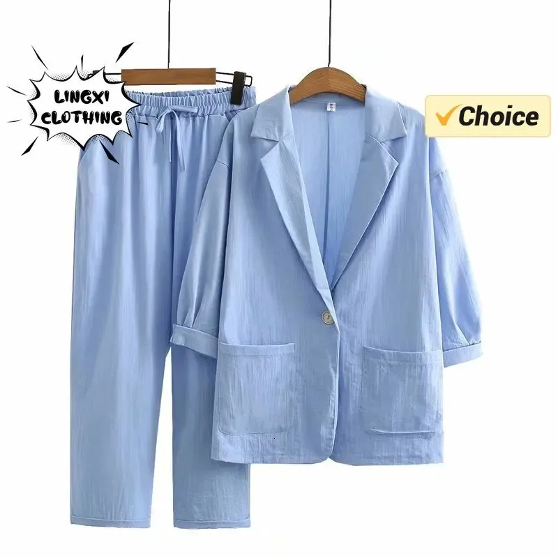 Summer Fashion Casual Large Size OL Suit Flip Collar Top and Pants Two Piece Set Professional Elegant Womens 240327