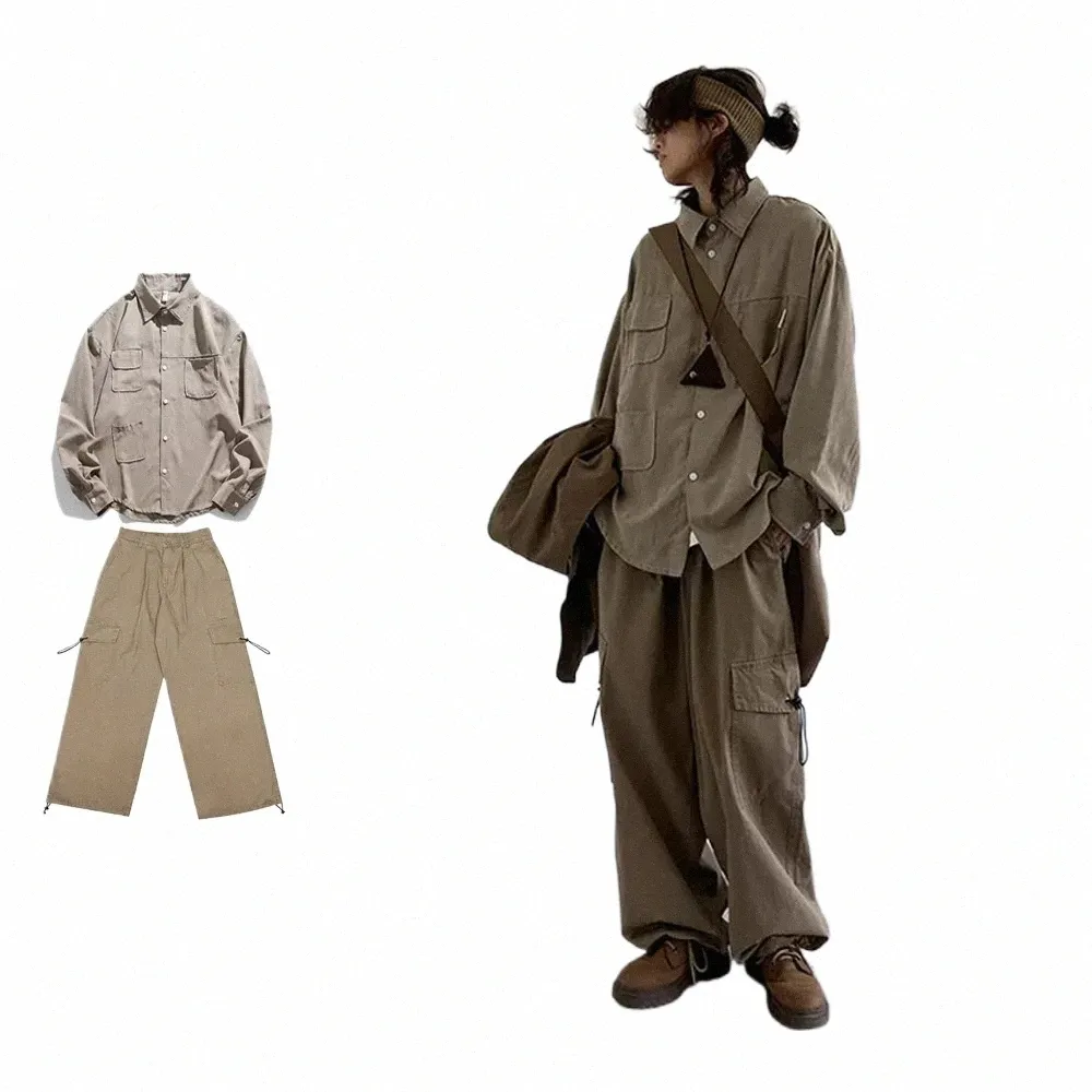 japanese Street Set Men Women Vintage Multi-pocket Suede Baggy Shirt+Casual Straight-leg Wide-leg Cargo Pant Unisex Simple Suit 70Kz#