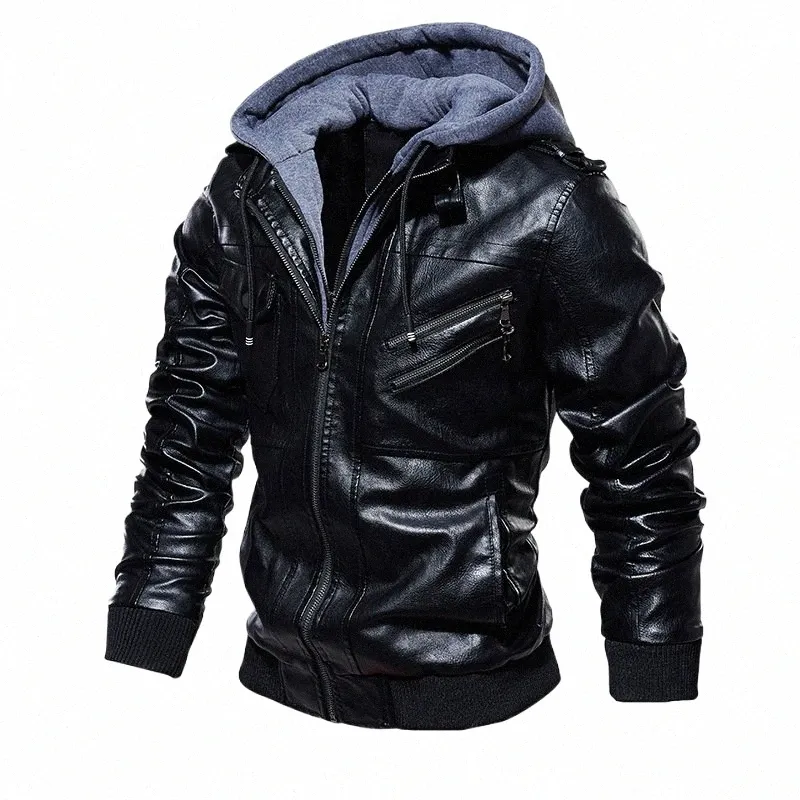 Män varumärke militär huva blixtlås Motorcykel läderjacka PU läderjackor Autumn Coat Plus Size S-5XL Dropship 2023 Q9ZQ#