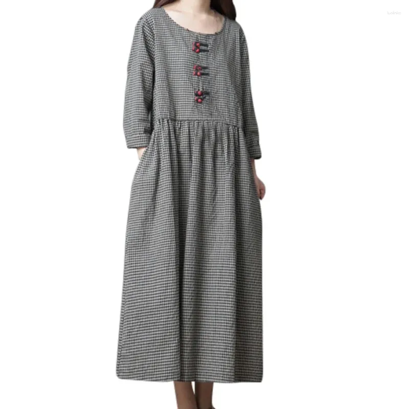 Casual Dresses Summer Women 2024 Long Dress Big Code Girl Linen Sleeve Checked Evening Women's Clothing