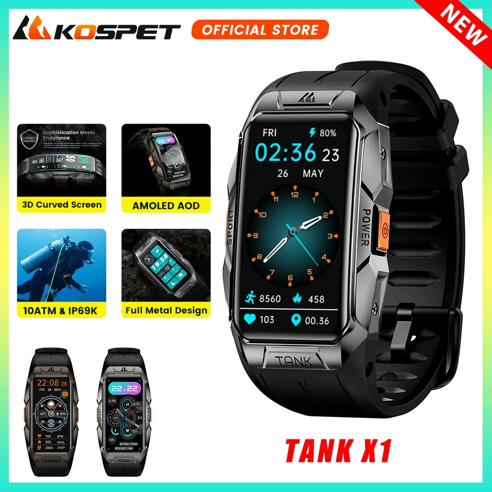 Uhren Original KOSPET TANK X1 Ultra Smartwatch Männer 3D AMOLED AOD Bluetooth Armband IP69K 10ATM Wasserdichte Smart Watch Band für Frauen