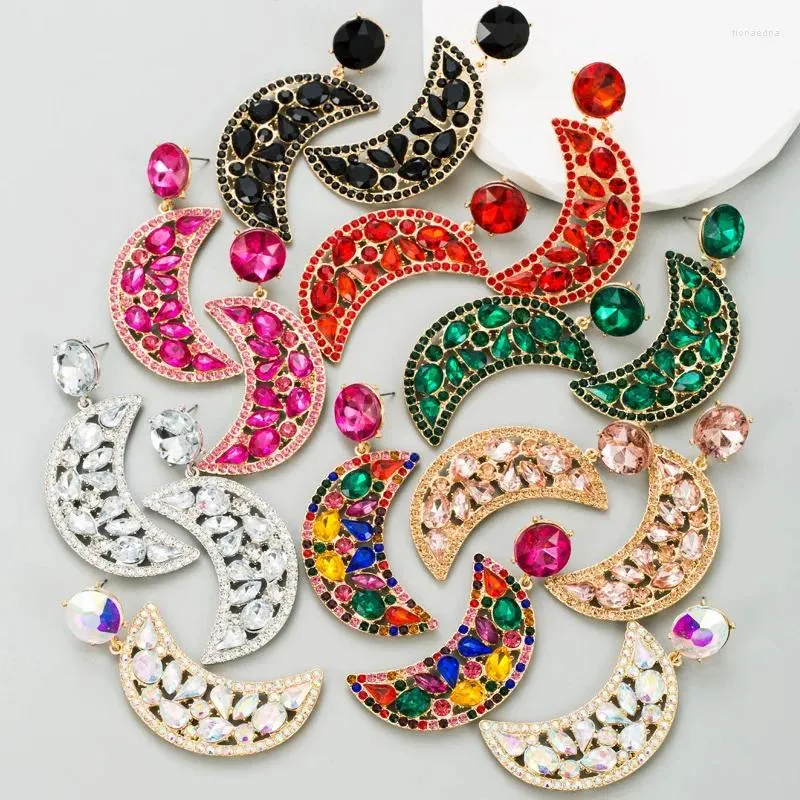 Boucles d'oreilles pendantes de haute qualité pour femmes, bijoux brillants en forme de lune, cristaux de couleur vert Fuchsia, à la mode