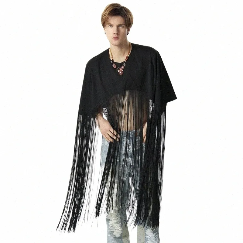 Mężczyźni Cloak Płaszcze Solidny kolor Tassel O-Neck Loose Streetwear PCHO 2024 Fi Casual Male Cape Nieregularny wykop incerun s-5xl Z53W#