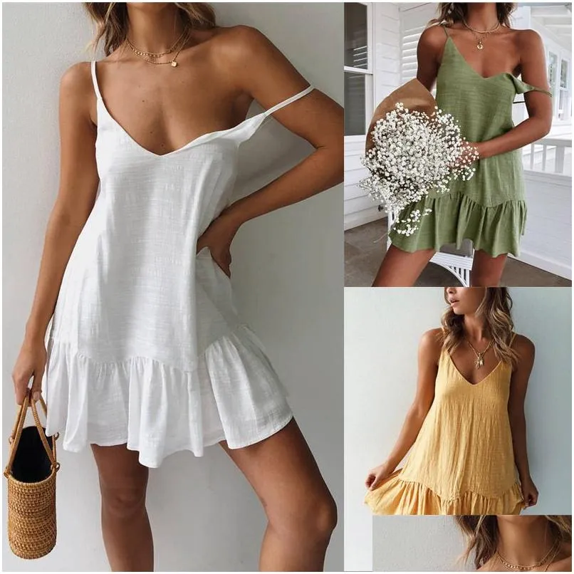 Grundläggande casual klänningar mini sommarklänning rem av skodare vit ruffle plus size Lose Linen sundress y ärmlösa parti strand kvinnor dr dhjnv