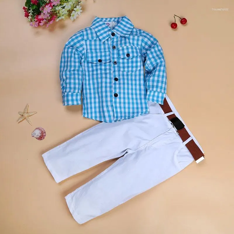 Clothing Sets Little Boys Cotton 2Pcs Clothes Kids Long Sleeve Plaid Shirts Belt Pants Outfits Toddler 2-8 Year