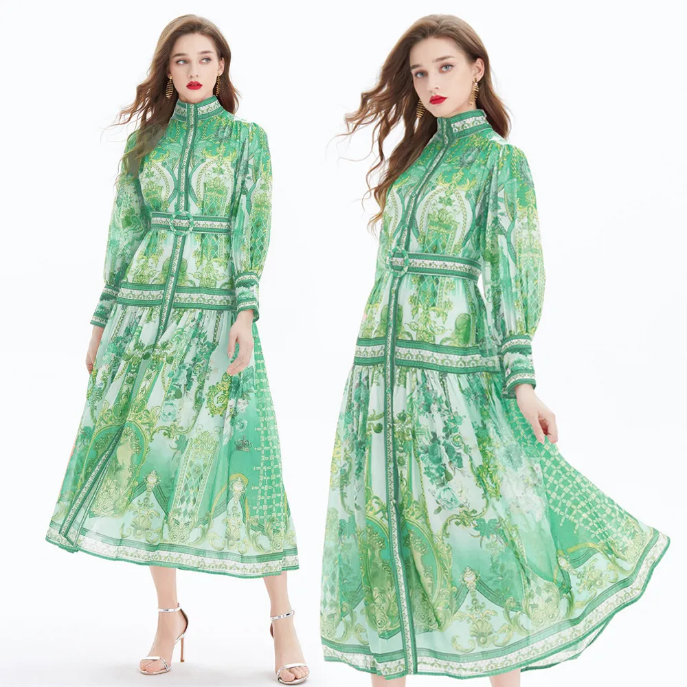 الباروك المطبوعة شيفون منتجع طويل ماكسي فستان مصمم الأنيقة الأنيقة الزر الأخضر القمصان ثياب القمصان تقف طوق السيدات