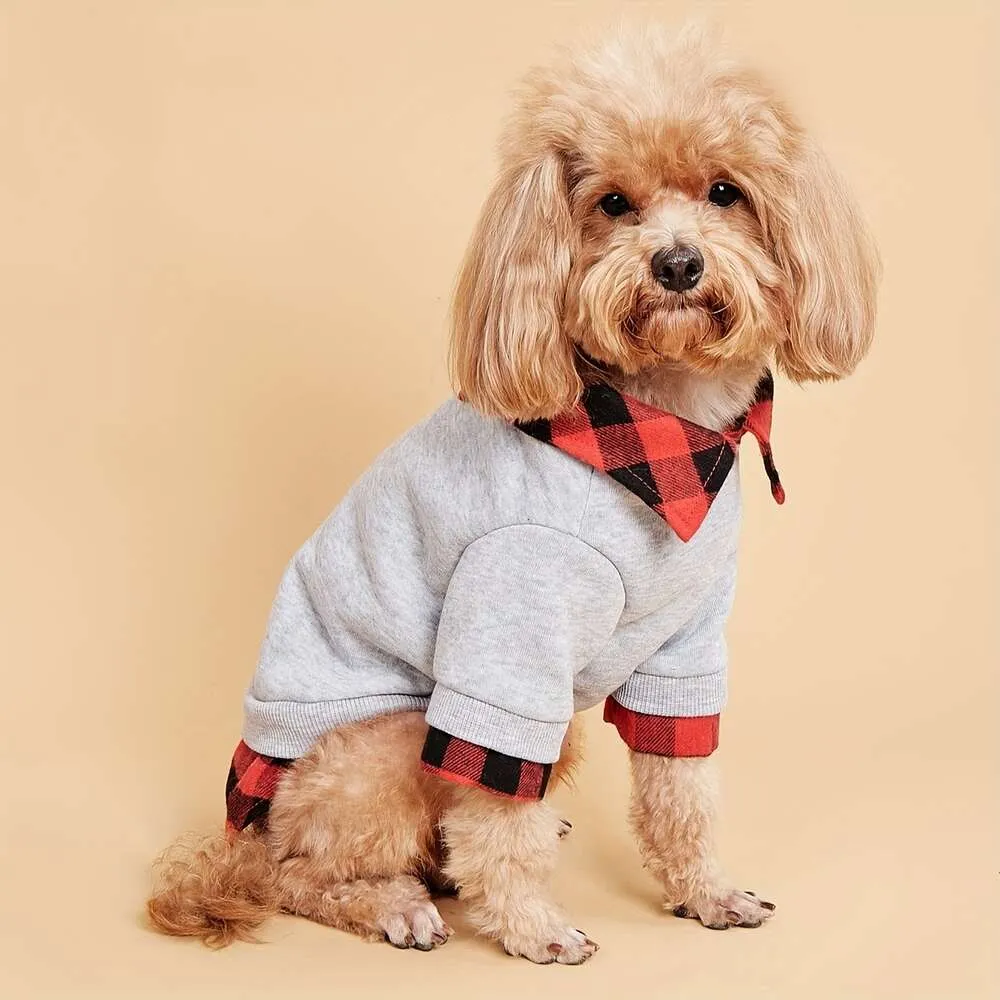 1PC Dwuczęściowy ciepły i stylowy bluzka dla zwierząt domowych - Ruda Plaid Dog ubrania na zimę