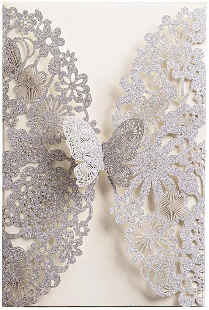 50 pièces cartes d'invitation de mariage découpées au laser avec papillon et enveloppes paillettes dentelle flore invitations imprimées personnalisées pour Quince9586810