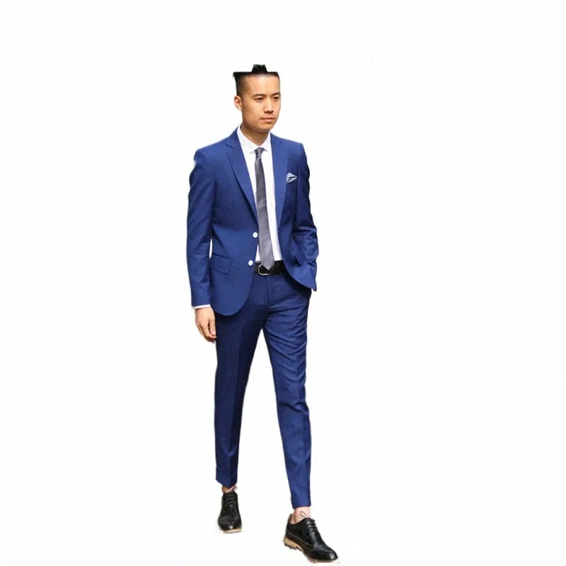 custom Men's Royal Blue Casual Suit 2 Piece Groom Wedding Slim Fit Dr Fi Design Blazer Pants r5VP#