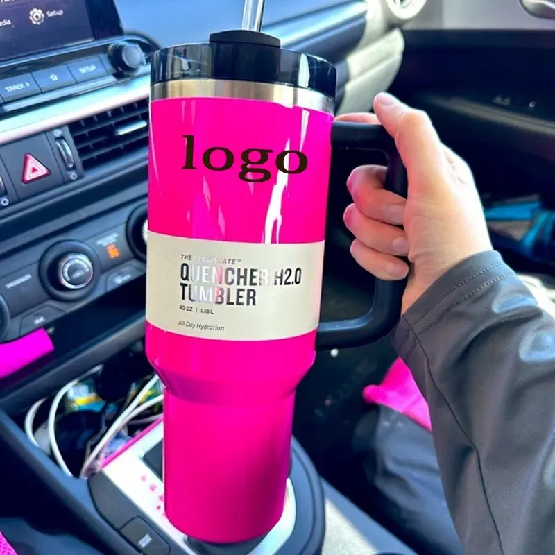 Rose Néon Rose Électrique Gobelet 40 oz Jaune Orange Vert Néon QUENCHER H2.0 Gobelets en acier inoxydable Tasses avec couvercle à poignée en silicone et paille Tasses de voiture rose d'hiver 0327