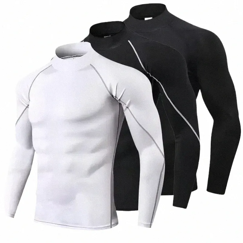 Rollkragen Compri Gym Lg Sleeve Shirt Workout T-shirt Männer Bodybuilding Enge Kleidung Fitn Herren Sport T-shirt P0OI #