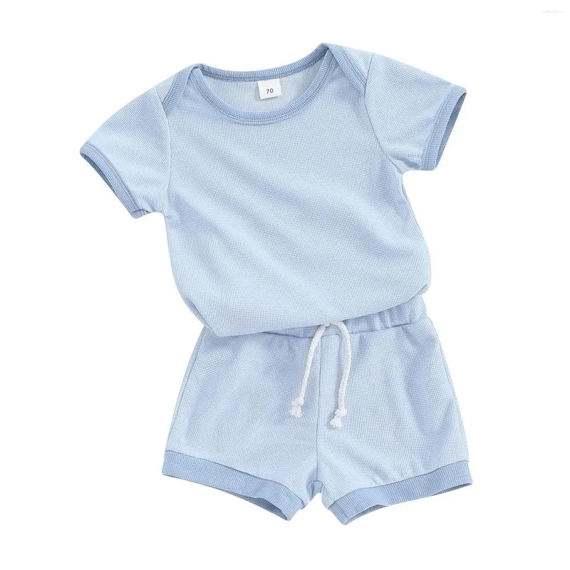 Giyim Setleri Yaz Boy Bebek Kız İki Parçalı Aktif Giyim Yaması Renk Kısa Kol O Boyun Waffle Romper Elastik Bant Şortlu Bebekler