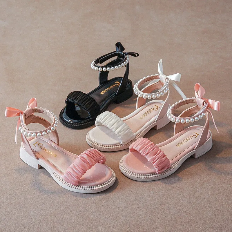 Kids Sandals Girls Gladiator Shoes Summer Pearl Children's Princess Sandal Youth Toddler Foothold Pink White Black 26-35 Q2bK#