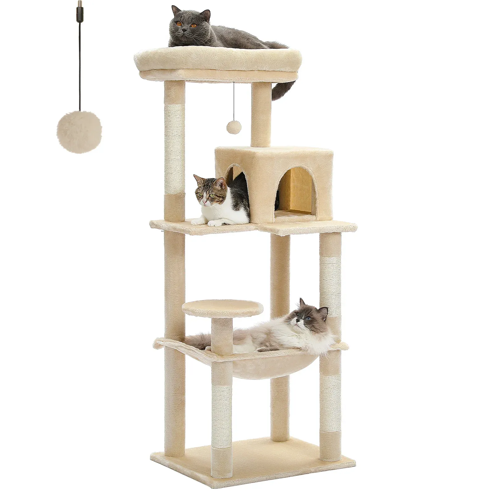 Arbre à chat à 5 niveaux pour chats d'intérieur, tour à chat pour grands chats avec grand hamac recouvert de sisal, poteaux à gratter, perchoir confortable pour condo