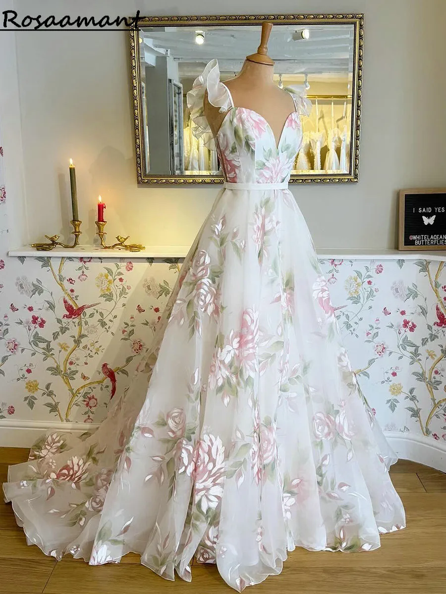 Romantic Floral Printing A-Line Wedding Dresses Sleeveless Ruffles Bridal  Gowns