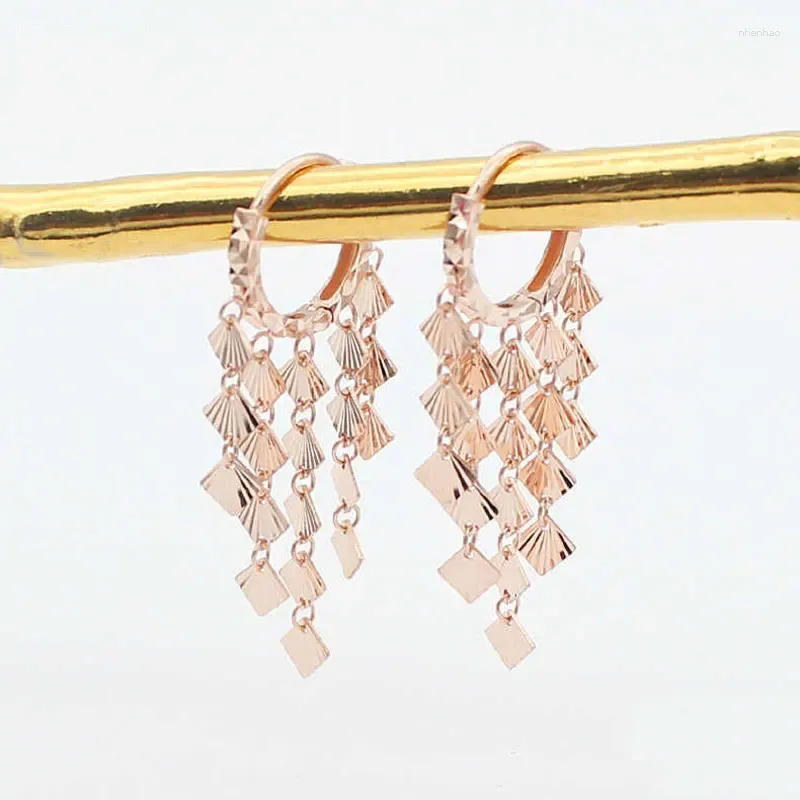 Dangle Earrings 585 Purple Gold Plated 14K Rose Dazzling Shiny Rhomb Tassels For Women Exquisite Ear Buckle Classic Jewelry