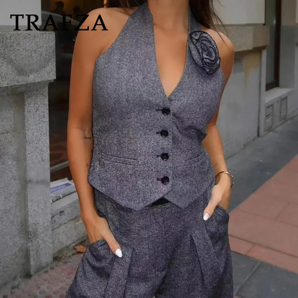 Trafza Autumn Winter Women Office Lady Gray Chic Suits Fashion Single Button Blazersflowers Vesthigh midje Pencil Pants 240320