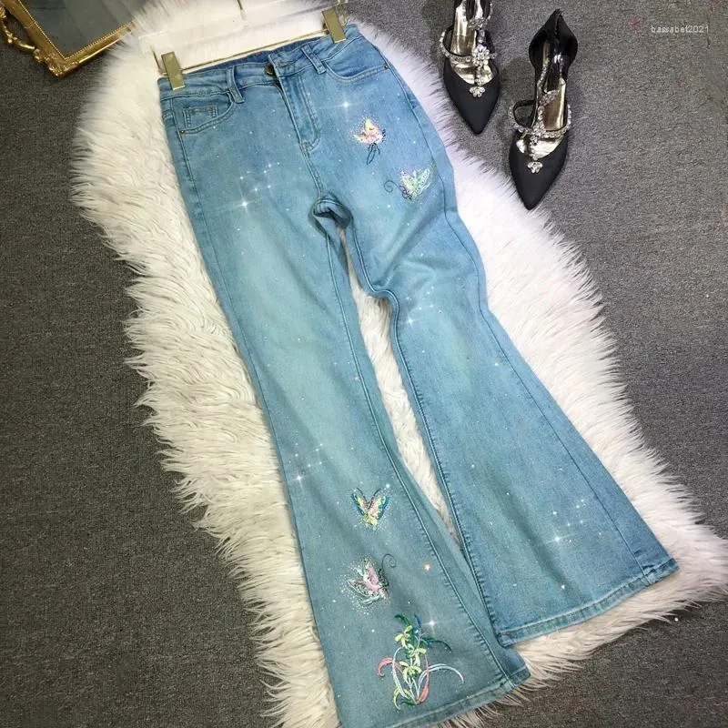 Damen Jeans Frühling Sommer Bohren Blau Für Frauen Handarbeit Stickerei Schmetterling Flare Hosen Hohe Taille Casual Denim Hosen