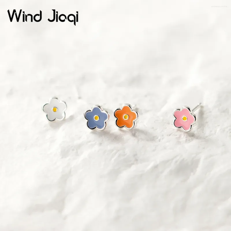 Pendientes de tuerca Plata de Ley 925 auténtica flores de colores asimétricos Mini pequeños para mujeres estudiantes regalo bonito Simple joyería de uso diario