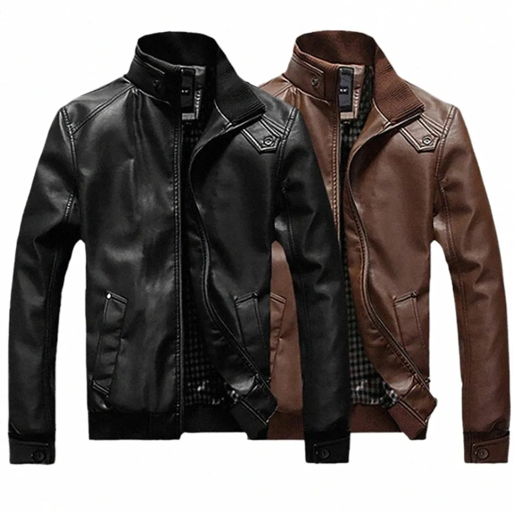 Män faux läderjacka Motorcykel Men Slim Fit Stand Collar Pu Jacket Jaqueta de Couro Masculina Outwear Male Pu Leather Coat 03MF#