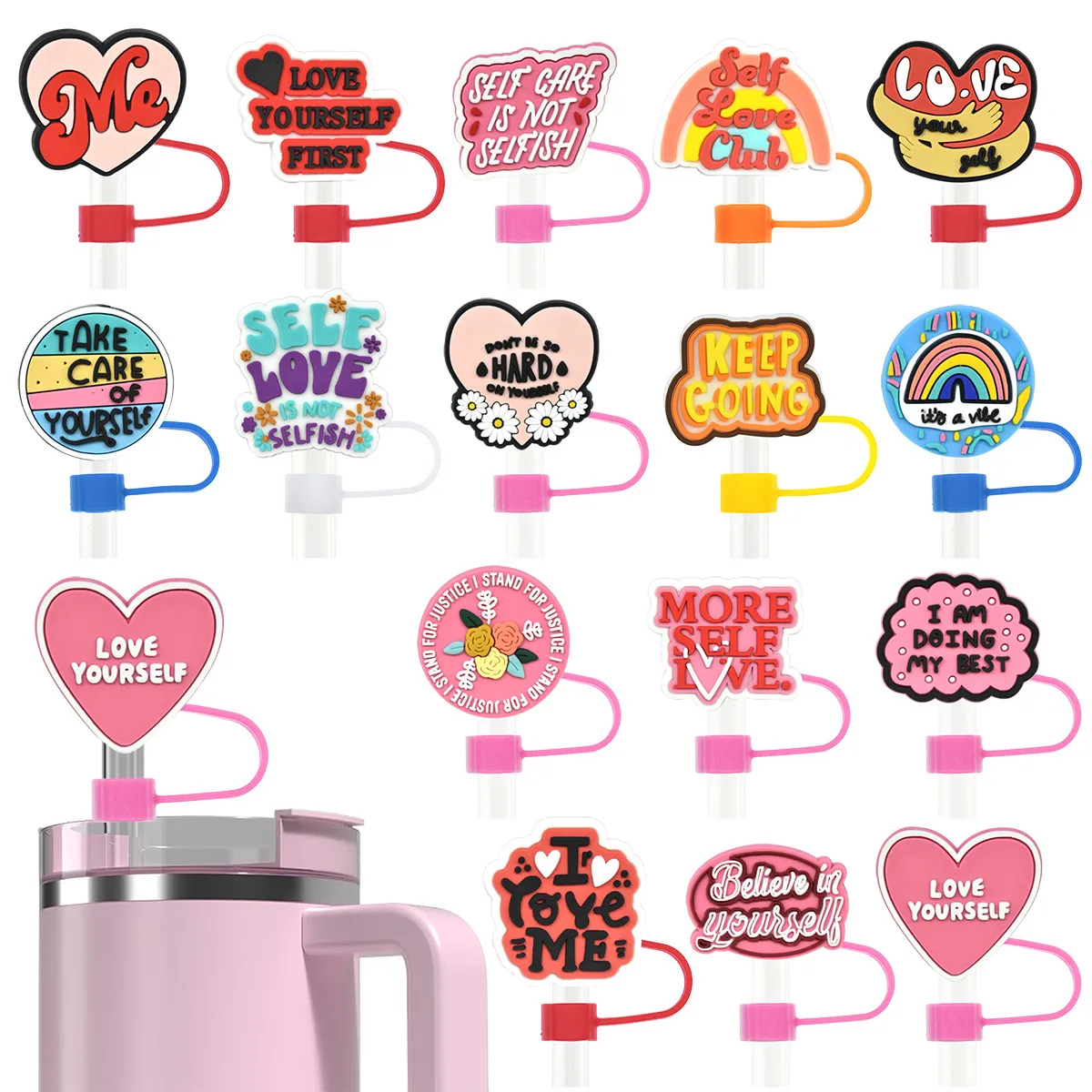 Cute Phrases Straw Covers Cap Compatible with Stanley 30 40 oz Accessories Funny Tumbler Straw Tip Toppers Reusable Drink Straw Lid Covers ( 9-10mm