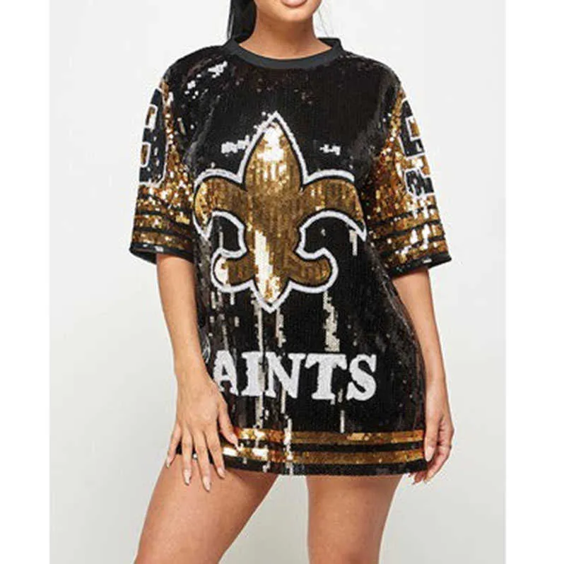 New o Neck Long Sleeved Sequin Women Top Black and Gold Fleur De Lis Full Sequin Orleans Number Dress