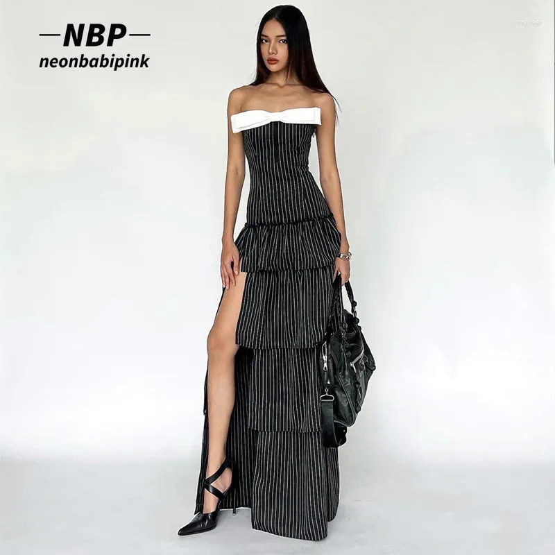 Повседневные платья NEONBABIPINK Многоуровневое платье без бретелек с бантом в черную полоску с высоким разрезом макси Y2k Летняя женская одежда Наряды для вечеринок N33-EC64