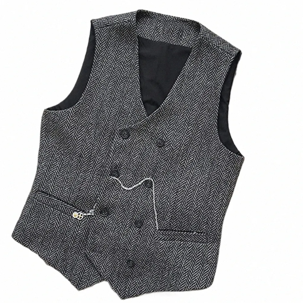 v Neck Men's Suit Vests Herringbe Wool Tweed Double Breasted Waistcoat Tuxedo Groomsmen For Wedding o2Aq#