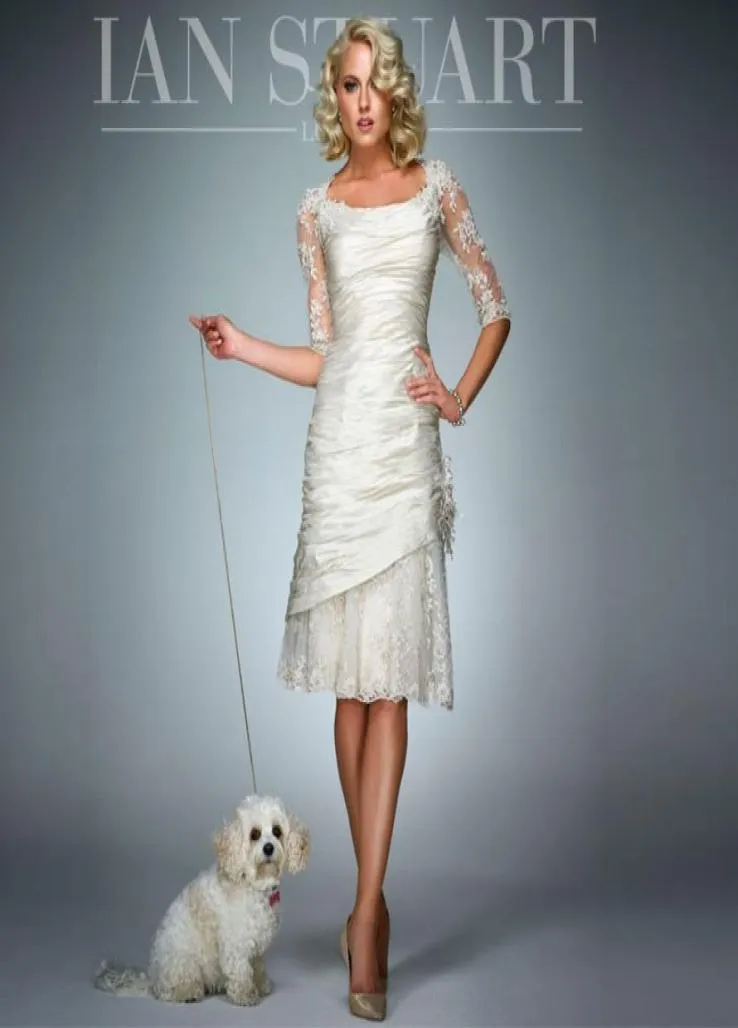 Spets Applique Mother of the Bride Dresses With Half Sleeve Bateau Neck Wedding Gästklänning Knälängd Tafta Plus -storlek Formell Go5191959