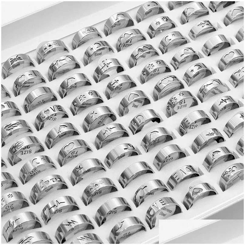 Band Rings 100 Pcs Fashion Hollow Sier Color Stainless Steel For Men Womens Mix Animal Love Jesus Etc Style Size 17Mm To 21Mm Drop De Otpbi