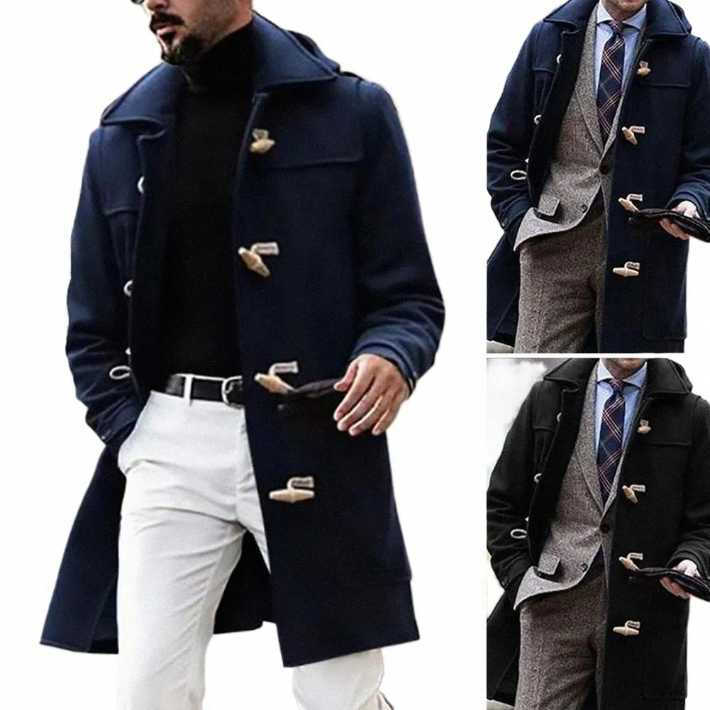 trendy Gentlemen Trench Coat British Style Men Jacket Coat Mid-length Turndown Collar Single Breasted Windbreaker Coldproof e1MX#